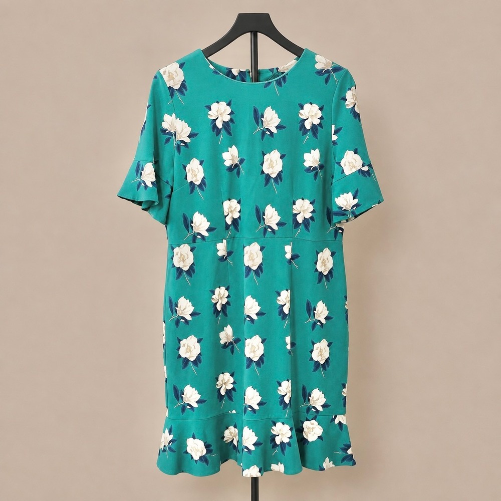 Draper James Magnolia Tulip Dress Women's Large Jade Green Floral Ruffle Hem